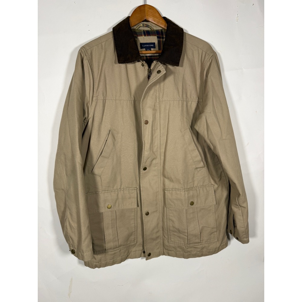 Lands End Mens Barn Jacket Tan Canvas Corduroy Collar Plaid Lined Field Coat L